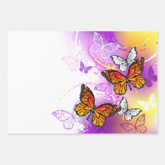 Monarch Butterflies on Purple Background Wrapping Paper Sheets (Front)