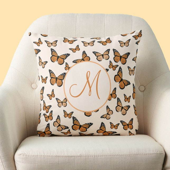 Monarch Butterflies Orange Script Custom Monogram Throw Pillow (Creator Uploaded)