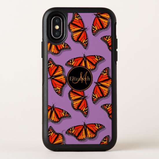Monarch butterflies pattern lavender monogrammed OtterBox symmetry iPhone x case