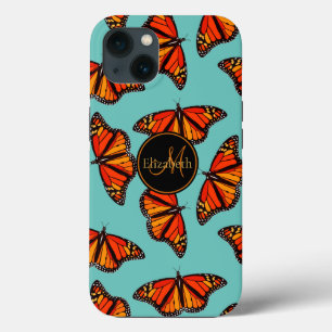 Monarch butterflies pattern light teal monogrammed iPhone 13 case