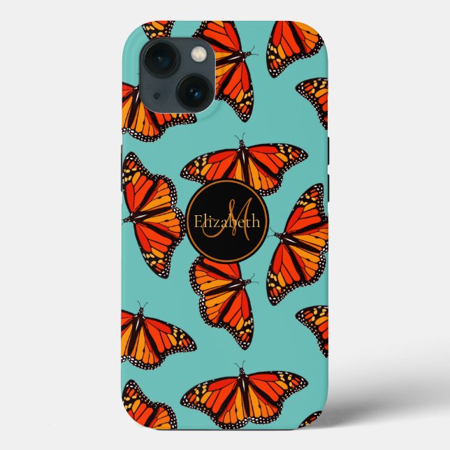 Monarch butterflies pattern light teal monogrammed Case-Mate iPhone case (Back)