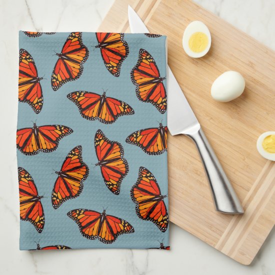 Monarch butterflies pattern nature blue monogram kitchen towel