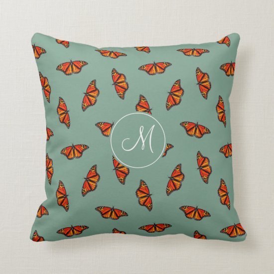 Monarch butterflies pattern w monogram teal throw pillow