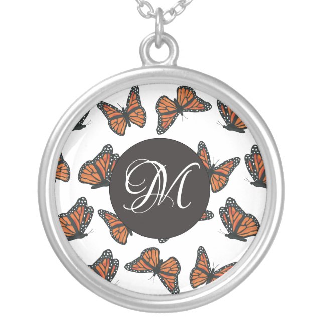 Monarch Butterflies Silver Plated Round Necklace (Front)