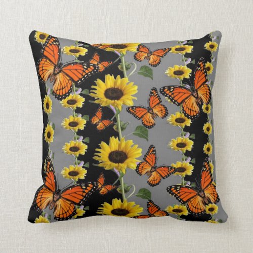 MONARCH BUTTERFLIES & SUNFLOWERS THROW PILLOW.THIS DESIGN IS ALL ABOUT THE MONARCH BUTTERFLIES & SUNFLOWERS BLACK-GREY ART PANELS for the home decor, furnishings, for the office and gifts
