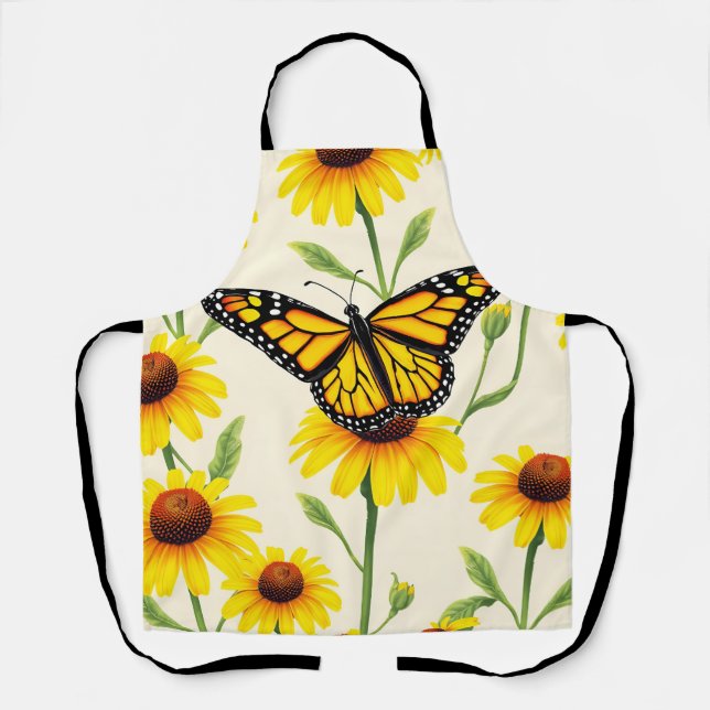 Monarch Butterflies Yellow Daisies Pattern Apron (Front)