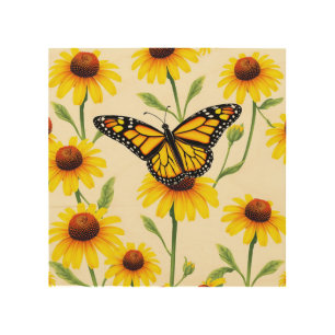 Monarch Butterflies Yellow Daisies Pattern Wood Wall Art
