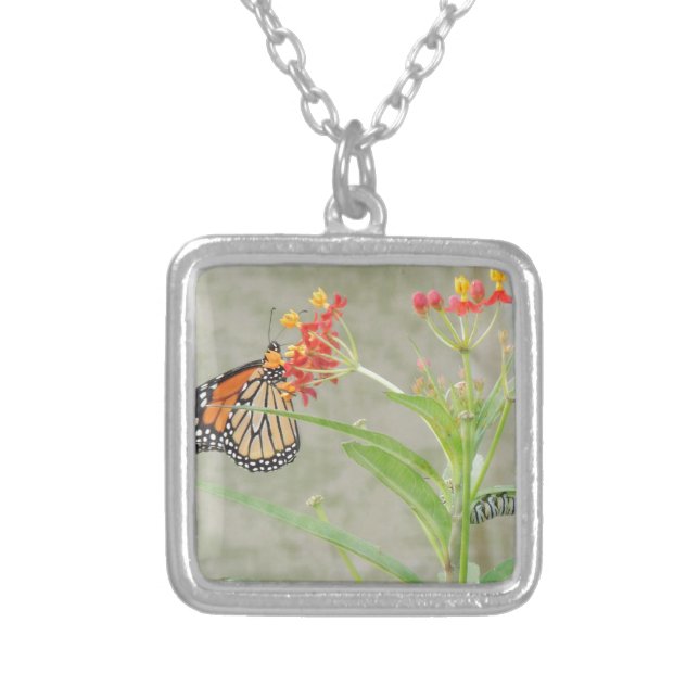 Monarch Butterfly and Caterpillar Silver Plated Necklace (Front)