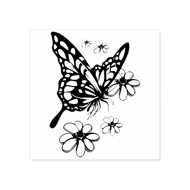 Monarch Butterfly and Flowers Rubber Stamp (Imprint)