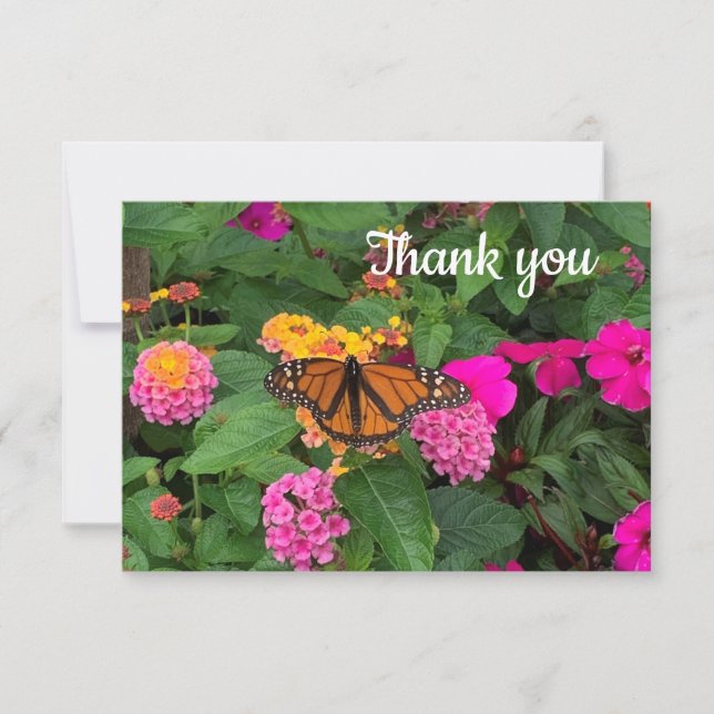 Monarch Butterfly and Pink Flowers  Thank You Card (Front)