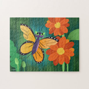 Monarch Butterfly and Red Mum Daisies Jigsaw Puzzle