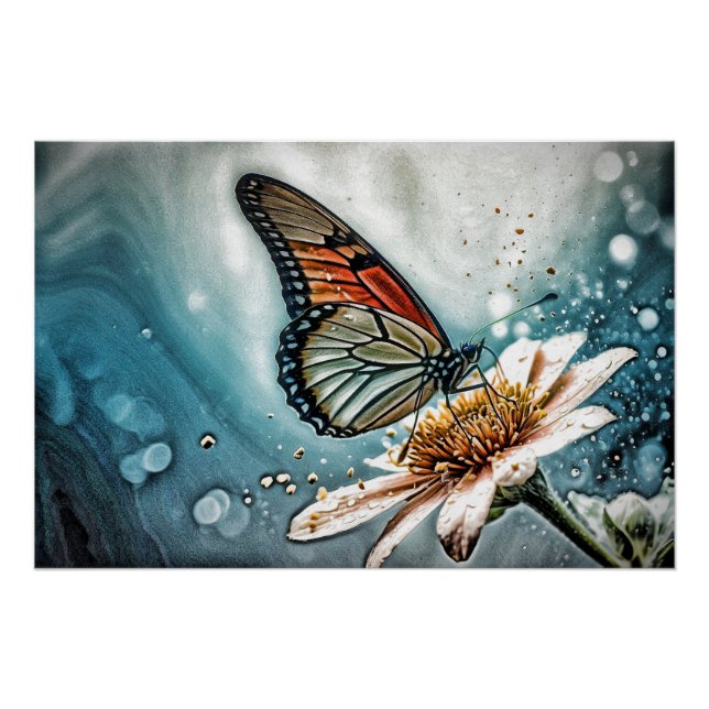 *~* Monarch Butterfly Artsy TEAL Flower AP52 Poster (Front)