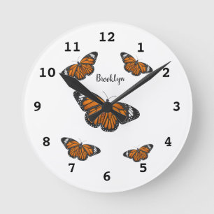 Monarch butterfly cartoon illustration round clock