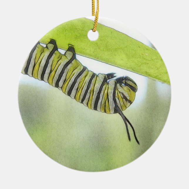Monarch Butterfly Caterpillar Exploring A Milkweed Ceramic Ornament (Front)