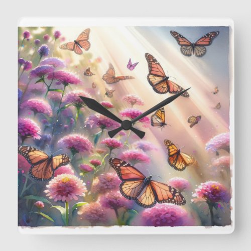 Monarch Butterfly Dance REF252 _ Watercolor Square Wall Clock