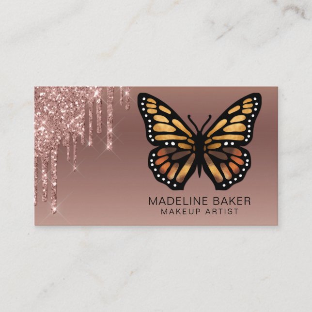 monarch butterfly Dripping Rose Gold Business Card (Front)