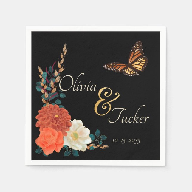 Monarch Butterfly Fall Floral Black Custom Napkins (Front)