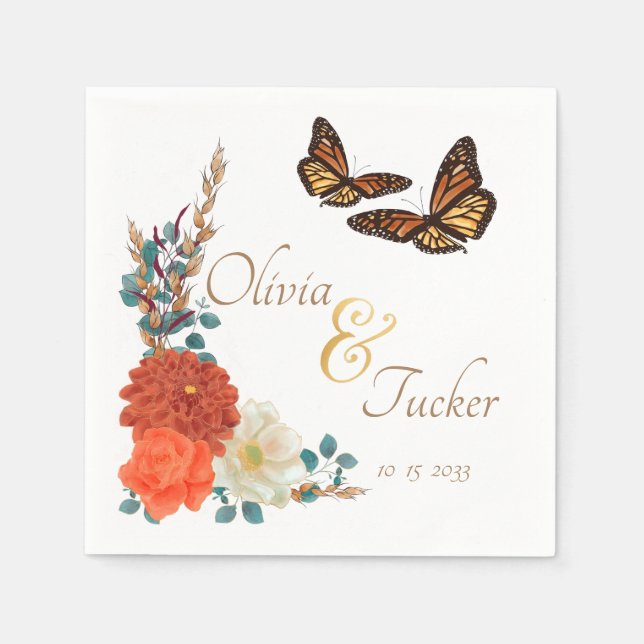 Monarch Butterfly Fall Floral ivory Custom Napkins (Front)