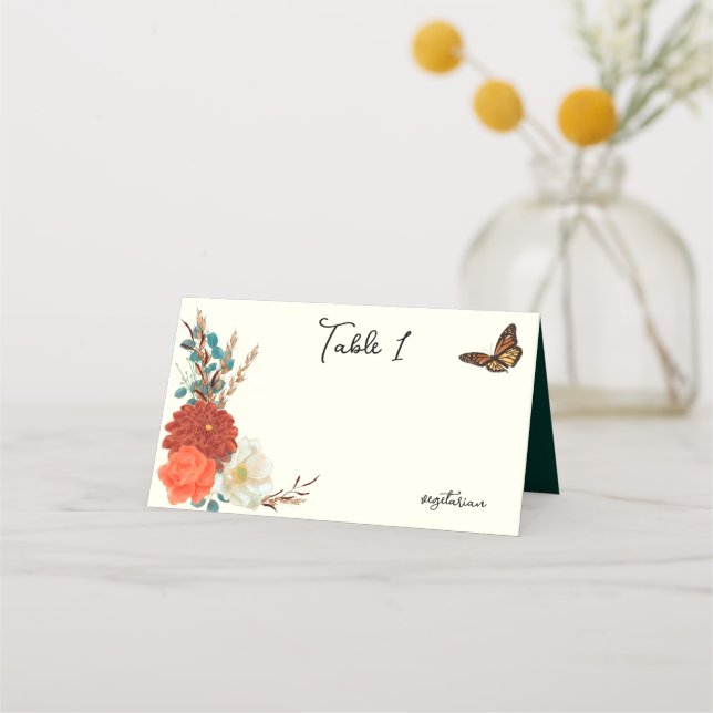 Monarch Butterfly Fall Floral Ivory Place Card (Front)