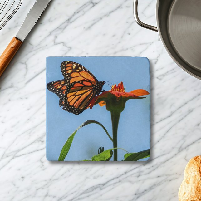 Monarch Butterfly Feeding on Orange Lily Trivet (Monarch Butterfly Orange, Black and Blue Nature Photography Rustic Trivet is perfect for Mom.)
