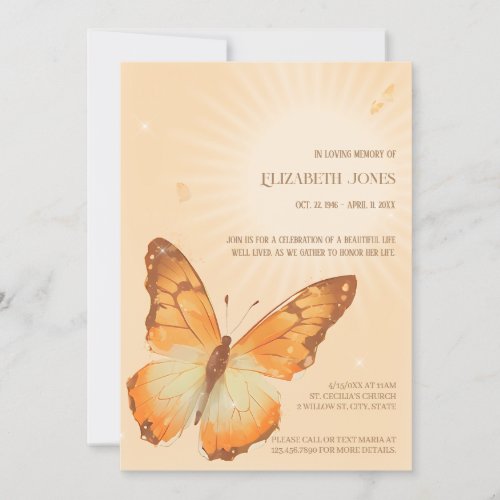 Monarch Butterfly Funeral Celebration of Life Invitation