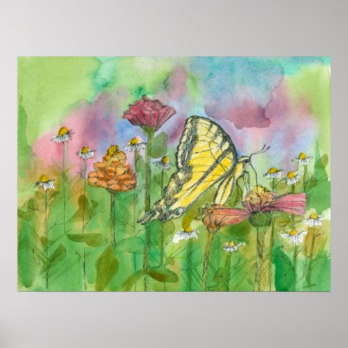 Monarch Butterfly Garden Flowers Watercolor Poster