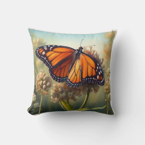 Monarch Butterfly in Bloom _ Watercolor Throw Pillow