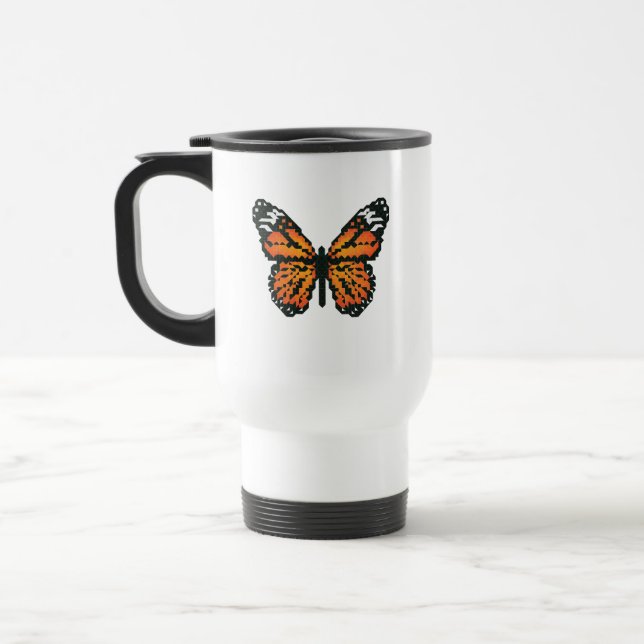 Monarch butterfly in polygon travel mug (Left)
