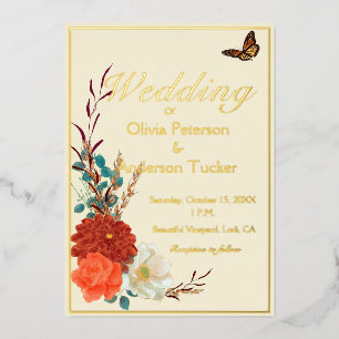 Monarch Butterfly Ivory and Fall Floral Wedding Foil Invitation