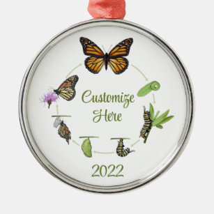 Monarch butterfly life cycle metal ornament