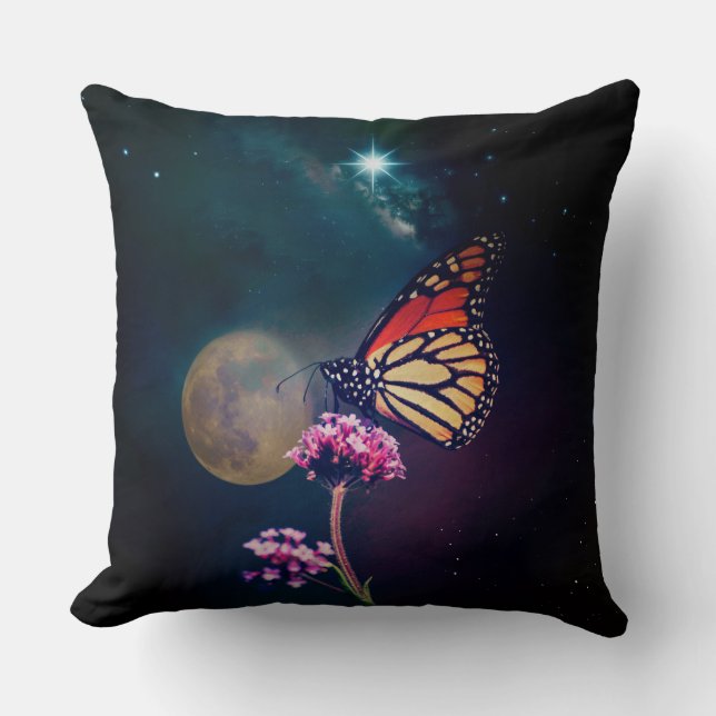 Monarch Butterfly Moon and North Star Night Sky Throw Pillow (Front)