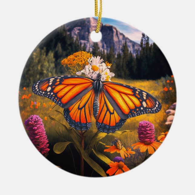 Monarch Butterfly Mountain Beautiful Meadow Nature Ceramic Ornament (Front)