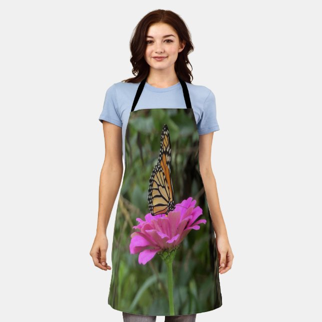 Monarch Butterfly on a Pretty Pink Zinnia Flower Apron (Worn)