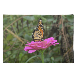 Monarch Butterfly on a Pretty Pink Zinnia Flower Cloth Placemat