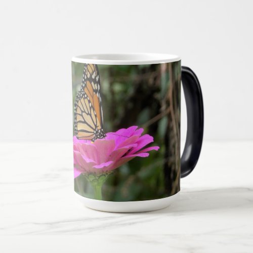 Monarch Butterfly on a Pretty Pink Zinnia Flower Magic Mug