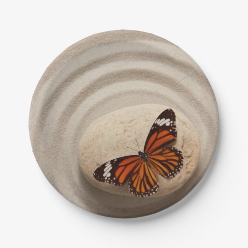 Monarch Butterfly on a Stone in a Zen Garden Paper Plates