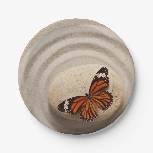 Monarch Butterfly on a Stone in a Zen Garden Paper Plates (Front)