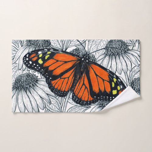 Monarch butterfly on coneflowers hand towel 