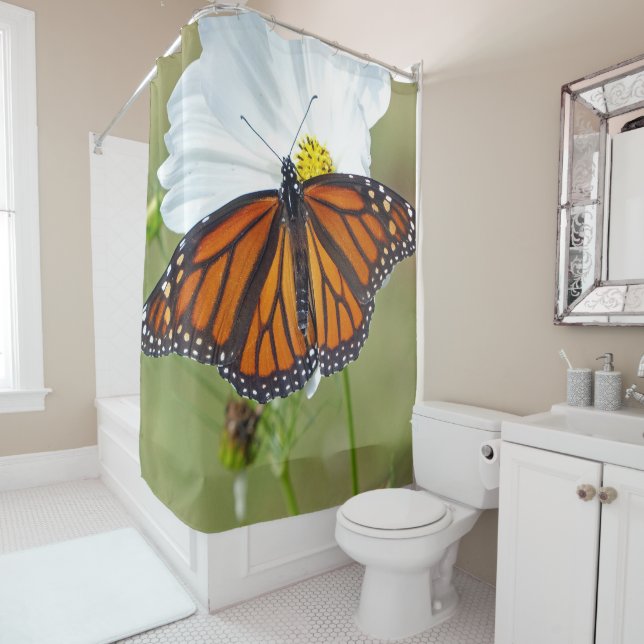 Monarch Butterfly on Cosmos Shower Curtain (In Situ)