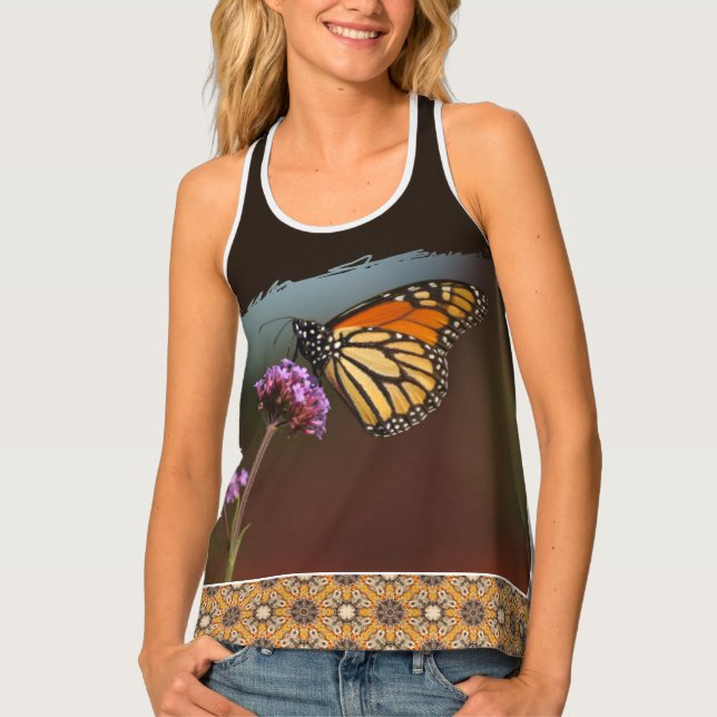 Monarch Butterfly on Flower and Mosaic Tile Tank Top (Front)