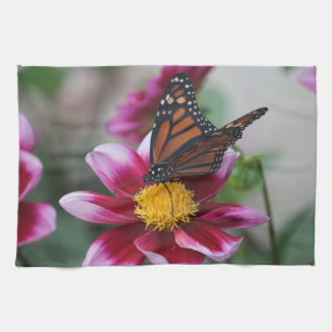 Monarch Butterfly on Hot Pink Dahlia Flower Photo Kitchen Towel