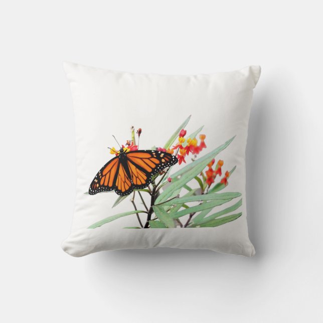 Monarch Butterfly on Milkweed Blooms, White Throw Pillow (Front)