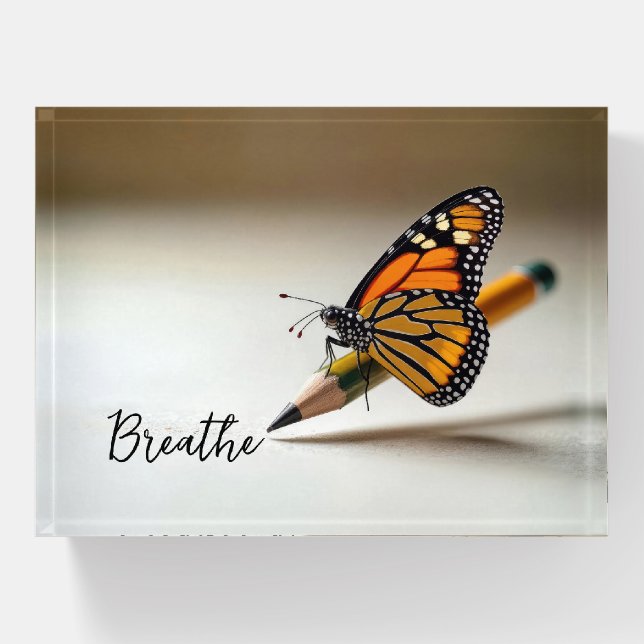 Monarch Butterfly On Pencil With Text Paperweight (Front)