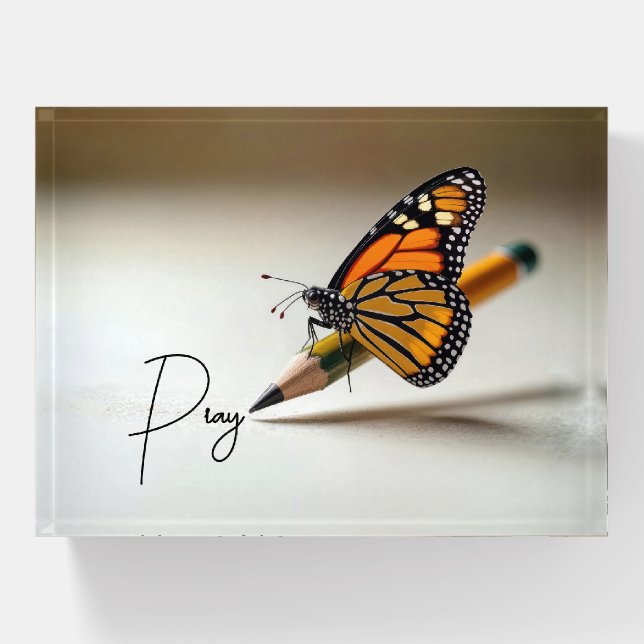 Monarch Butterfly On Pencil With Text Paperweight (Front)
