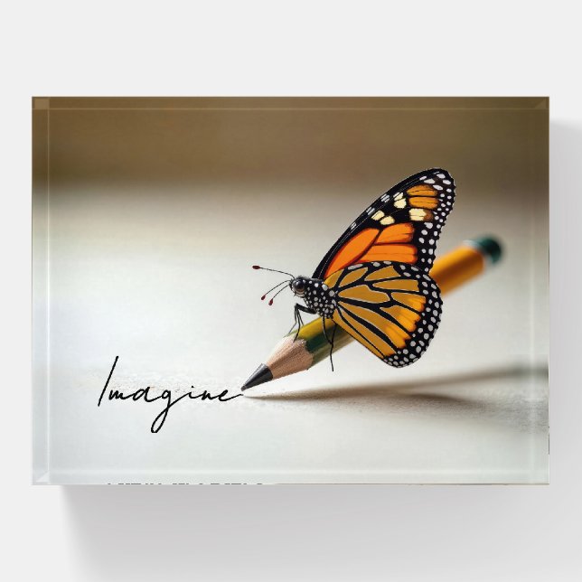 Monarch Butterfly On Pencil With Text Paperweight (Front)