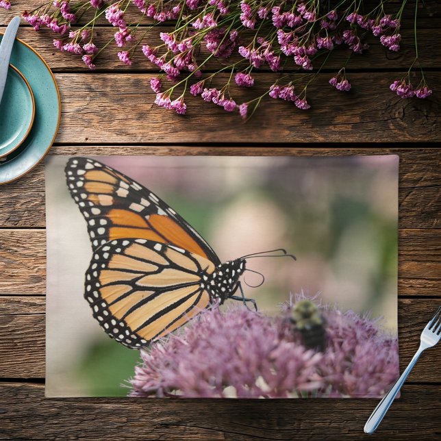 Monarch Butterfly on Pink Flower Cloth Placemat (A monarch butterfly and bumble bee pollinate a native flower on this outdoorsy cloth placemat.)