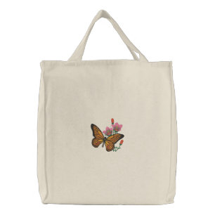 Monarch Butterfly on Pink Flower Emboirdered Bag