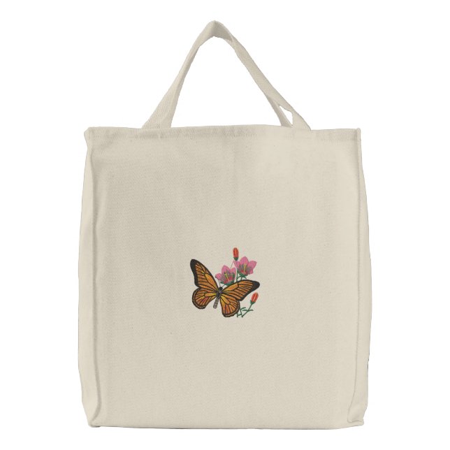 Monarch Butterfly on Pink Flower Emboirdered Bag (Front)