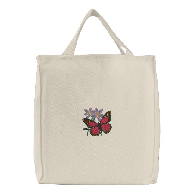Monarch Butterfly on Pink Flower Embroidered Bag (Front)