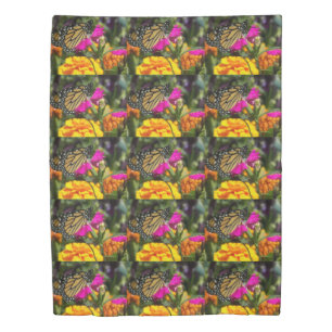 Monarch Butterfly on Pink Marigold Duvet Cover